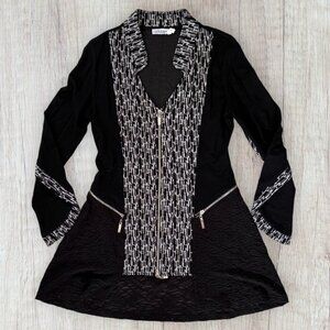 Dzhavael Couture Black Grey Lace Zipper Accent Long Blazer Holiday Jacket S